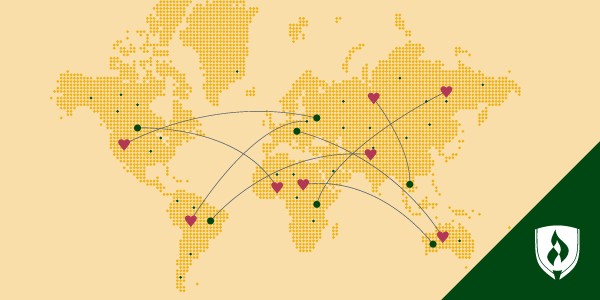 Pixelated map of the continents with scattered dots and hearts connected by lines