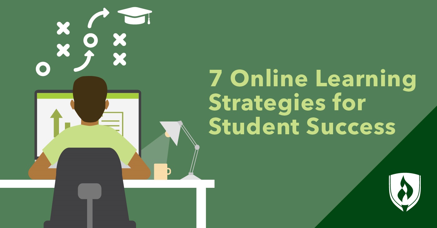 illustration of a student studying at a desk with a game of x and os above representing online learning strategies