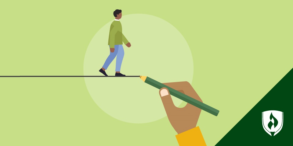 illustration of a student writing drawing a line with a student walking on it like a tight rope representing peer educators