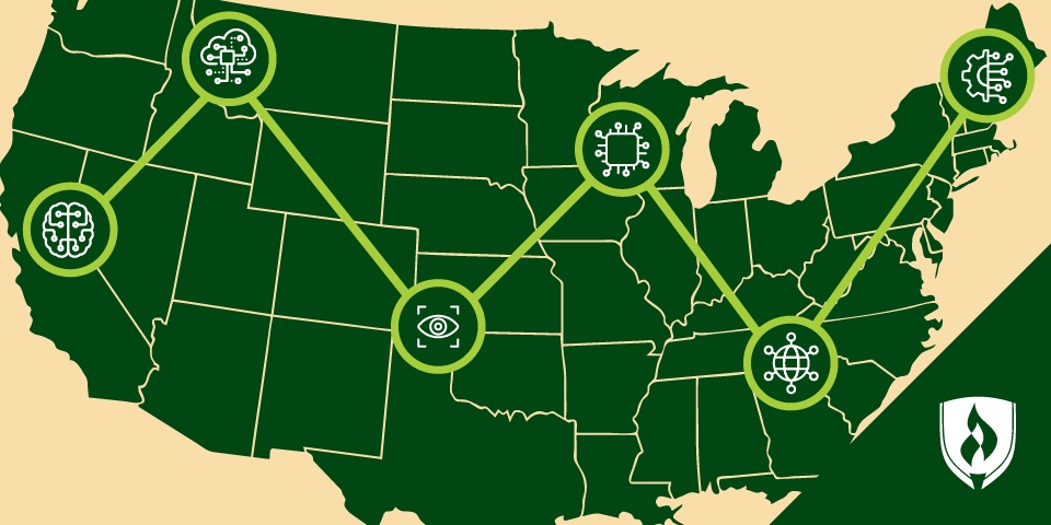 illustration showing a map of america with IT job titles icons