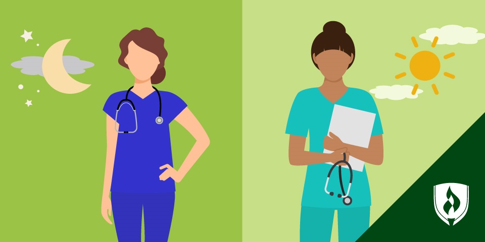 illustration of two nurses one at night and one in the morning representing day shift vs night shift