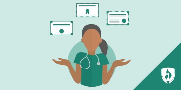 Illustration of a medical assistant shrugging her shoulders weigh between rma vs. rma vs. cma