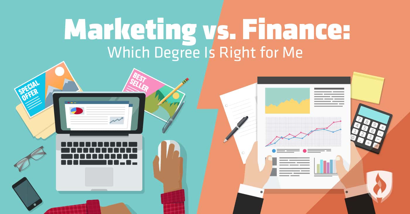 split screen of the desk of a marketer and the desk of a finance professional