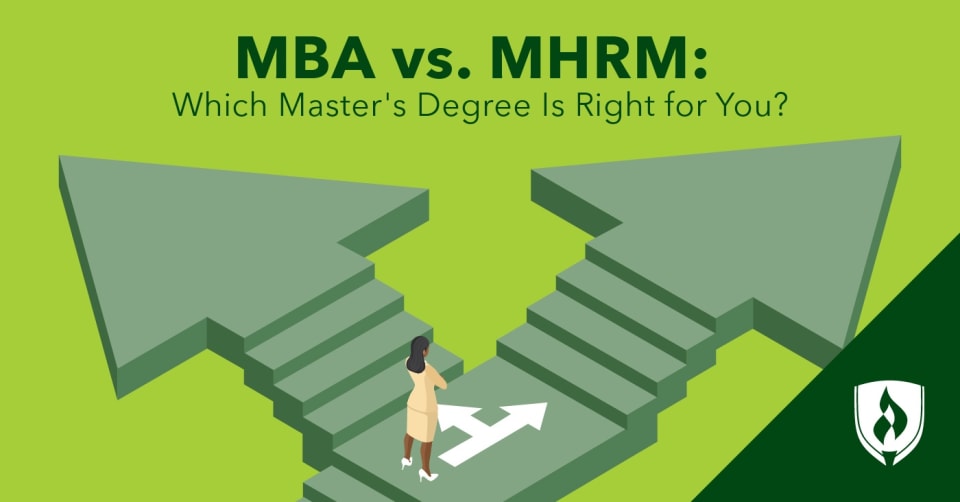 illustration of a student facing two sets of stairs shaped as arrows deciding between an mba and an mhrm degree