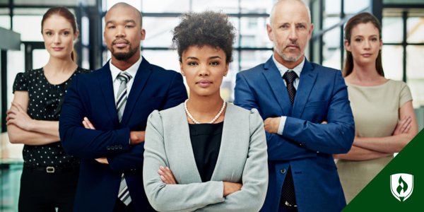 5 business professionals stand in a triangle formation, looking professional and awesome