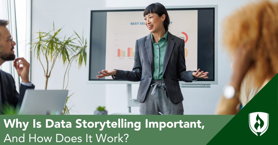 data storytelling header A data analyst presents her findings in an an engaging way