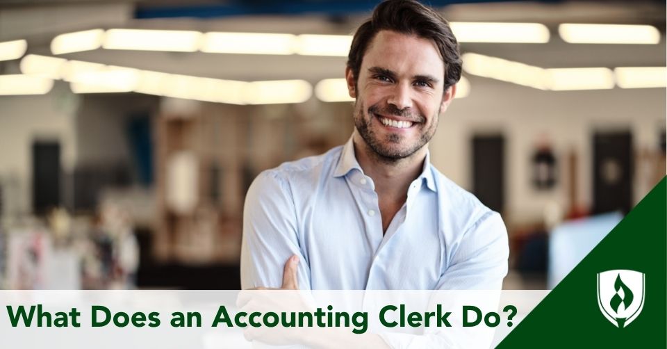An accounting clerk smiles in front of a busy office