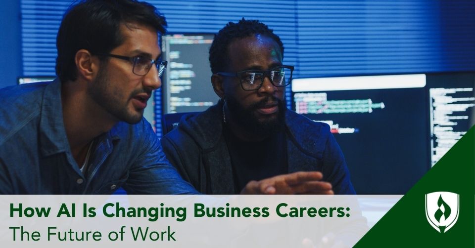 Two business professionals explore the capability of an AI tool in the office