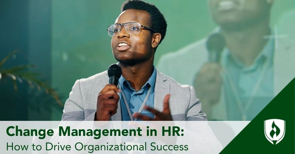 Change management in hr header An HR professional leads a meeting on change management