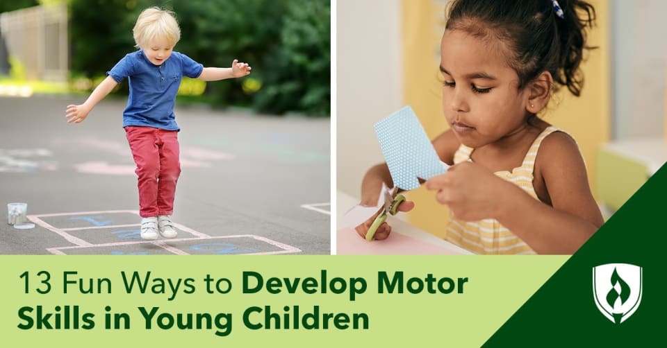 photo of a kid playing hopscotch and another kid cutting with scissors representing motor skills in young children