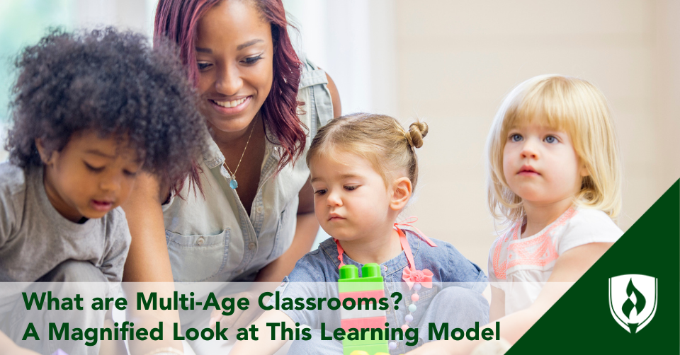 An early childhood teacher assists three young kids with their blocks