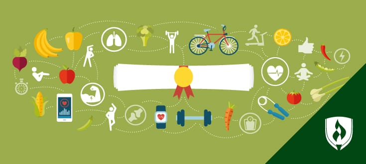 Illustration of a rolled up diploma surrounded by icons representing healthy activities and foods.