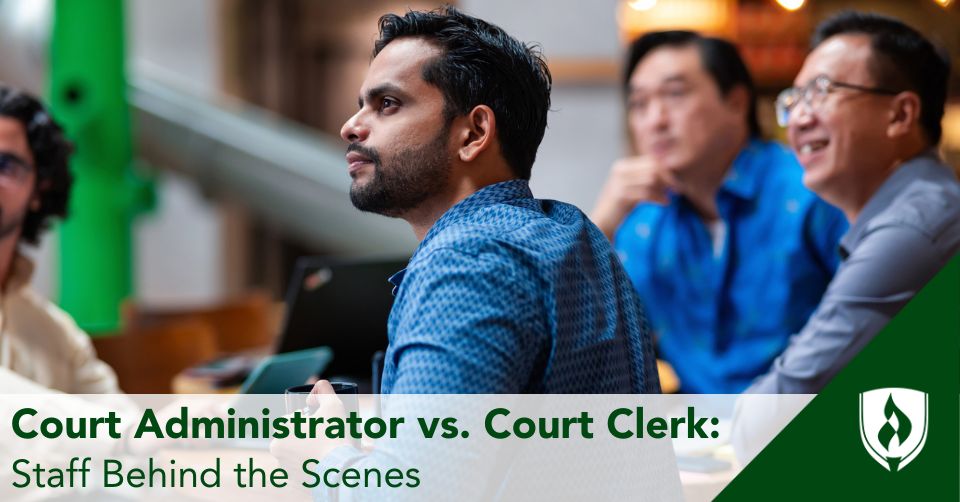 court admin vs court clerk header A court administrator and court clerk in a meeting