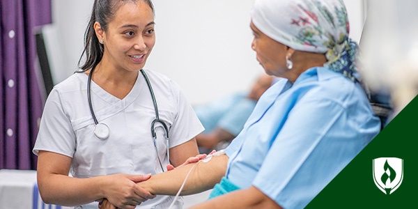 illustration of a nurse working with a patient with an iv representing vascular access nursing