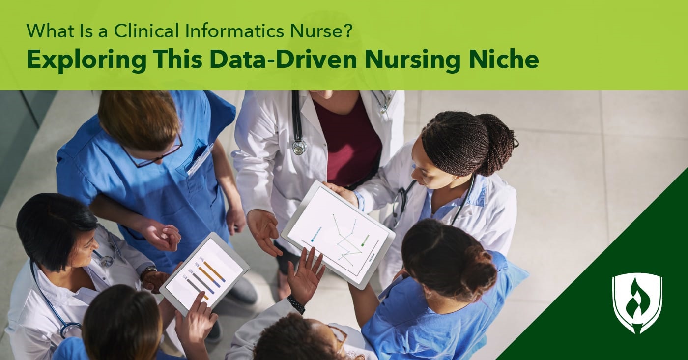 illustration of a huddle of nurses looking at charts representing clinical informatics nurse