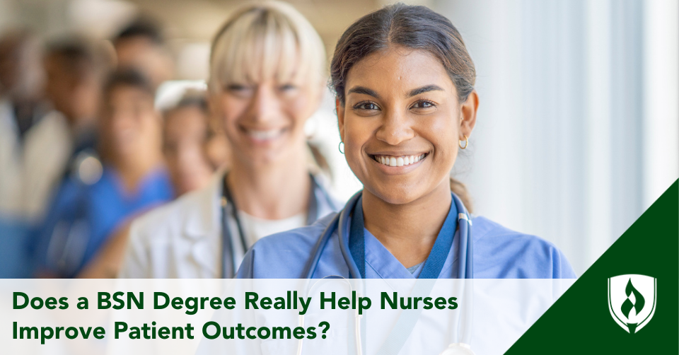 BSN nurse smiles in front of a line of healthcare workers