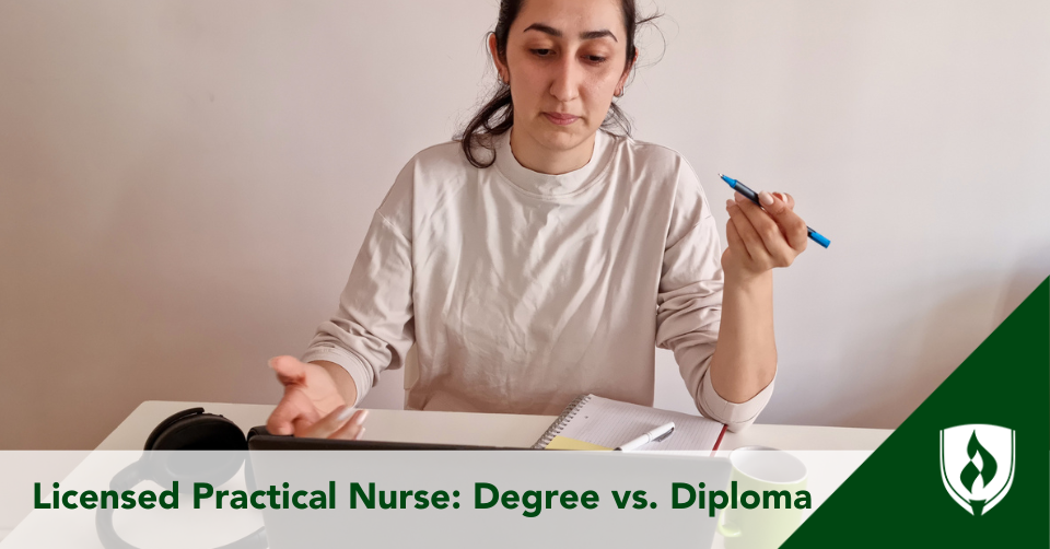 A prospective nursing student sits over a computer looking baffled