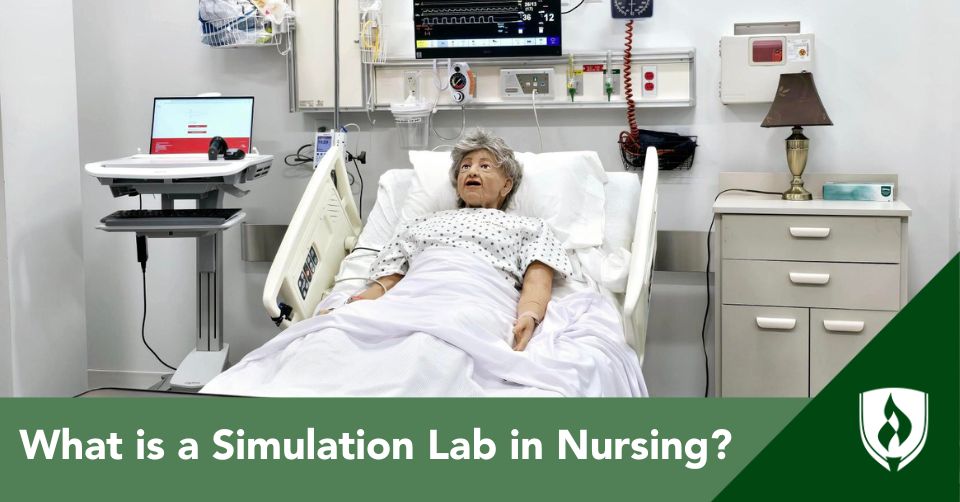 Nursing simulation lab at Rasmussen University shows a mannequin in a hospital bed