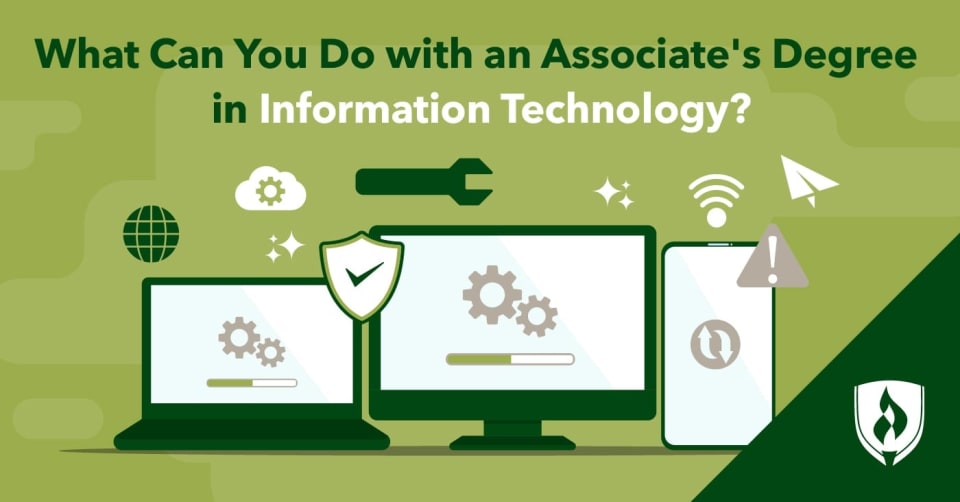 illustration of a laptop, computer or phone with different information technology symbols