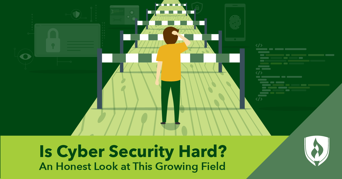 illustration of a cyber security professional walking down a road with road blocks representing is cyber security hard