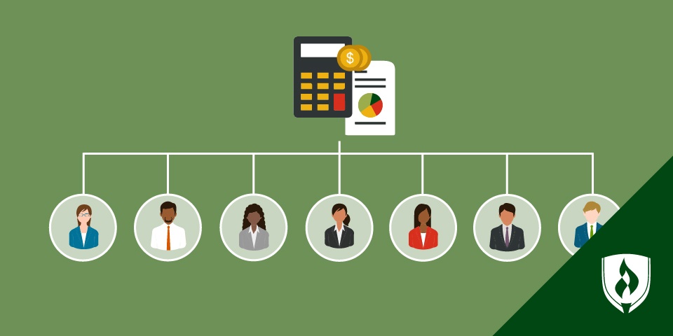 illustrations of different types of accountants with a calculator and pie chart